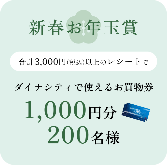 「新春お年玉賞」3,000円（税込）以上購入。ダイナシティで使えるお買物券1,000円が200名様に当たります！