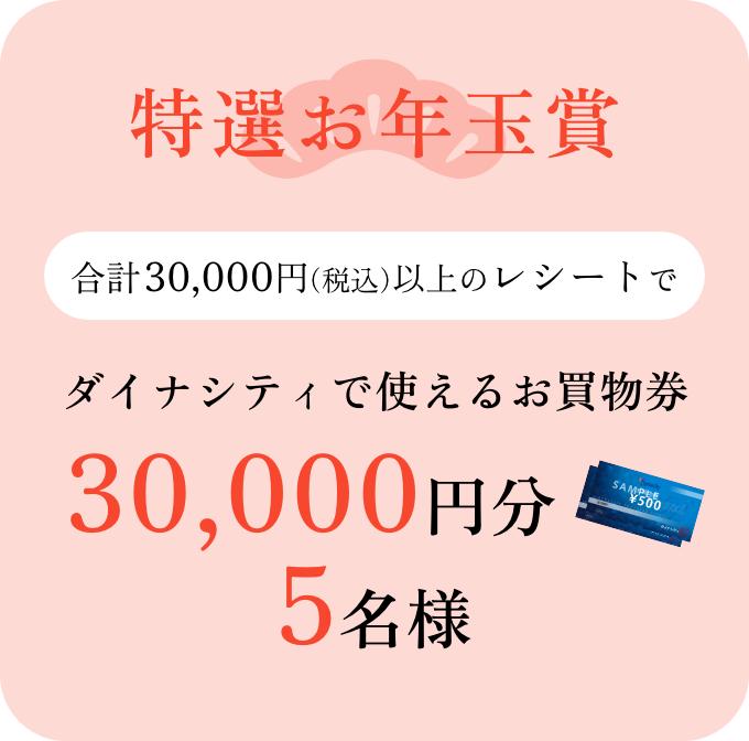 「特選お年玉賞」30,000円（税込）以上購入。ダイナシティで使えるお買物券30,000円が5名様に当たります！