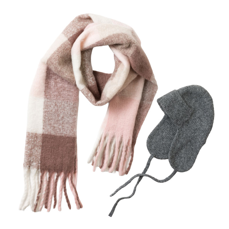 ブロックチェックマフラー・モヘアタッチイヤーフラップビーニー